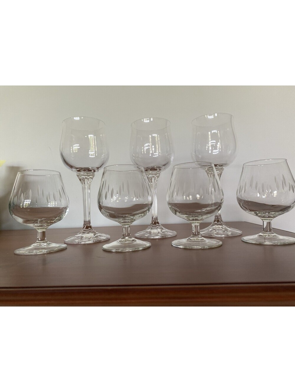 Lot 4+3 VTG Cognac Etched Glass&Bohemia Czechia Tulip Design Crystal Wine Glass